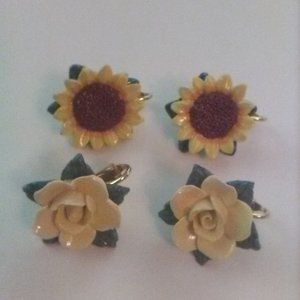 2 Handcrafted Flower Clip-On Earrings